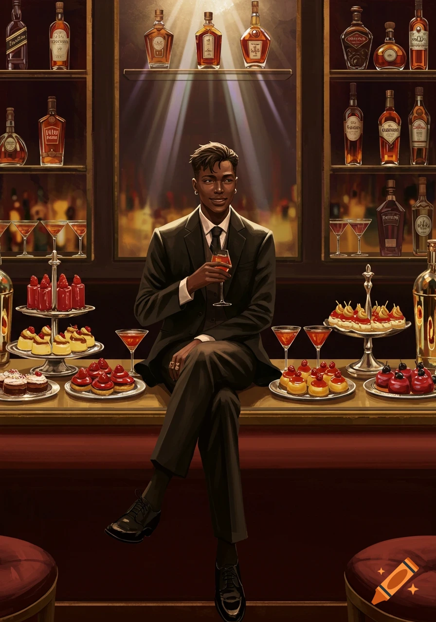 A stylish person in a suit sits at a lavish bar counter with a drink, surrounded by liquor bottles and various desserts.
