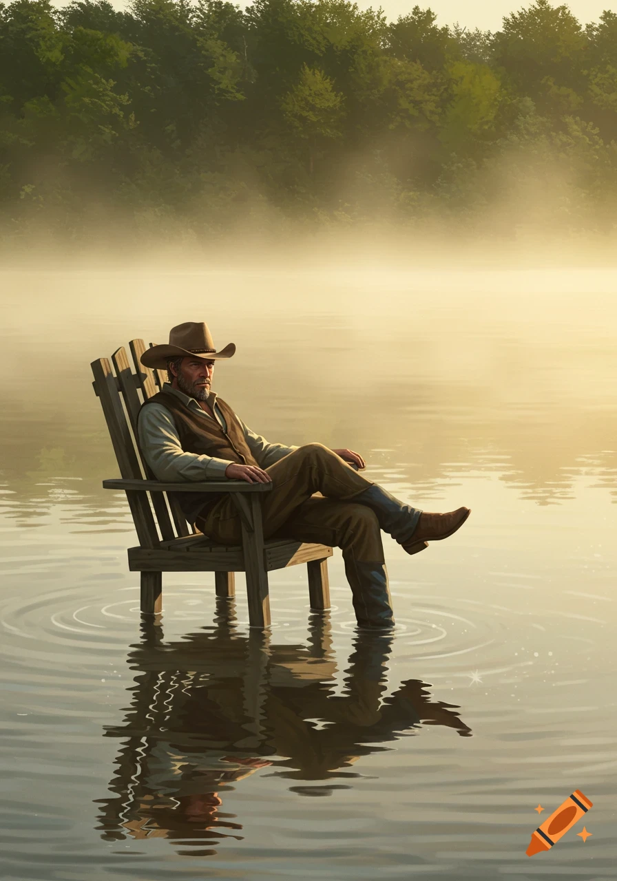 A man in a cowboy hat sits in a wooden chair in the middle of a misty lake at sunrise with trees in the background.