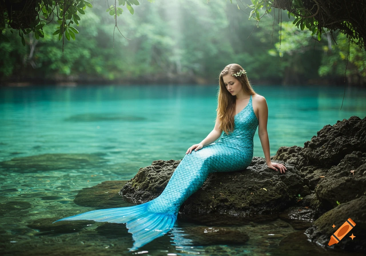A photorealistic image of a mermaid with a blue tail and light brown hair sitting on a rock in clear turquoise water, surrounded by lush green foliage.