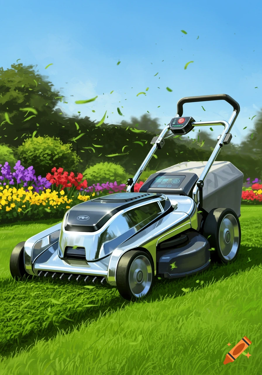 A modern, shiny silver and black lawn mower is cutting green grass, with grass clippings flying in the air, in a vibrant garden with colorful flowers under a blue sky.