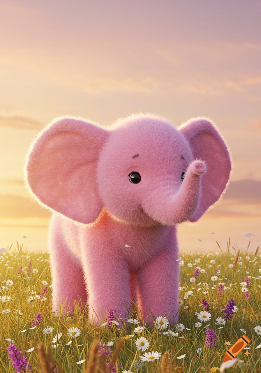 A fluffy pink elephant with large ears stands in a field of green grass and white and purple wildflowers at sunset.