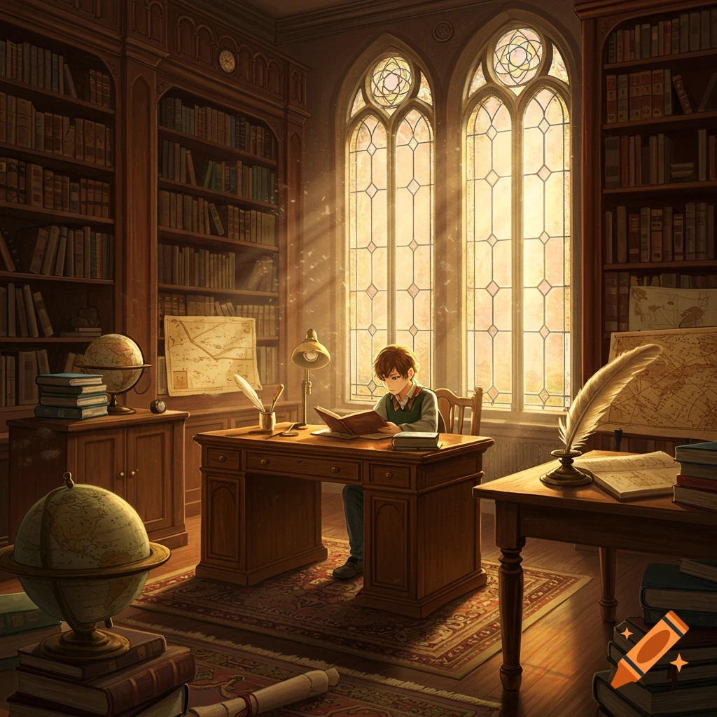A young boy reads at a wooden desk in a grand library with tall, sunlit stained-glass windows and bookshelves filled with books.