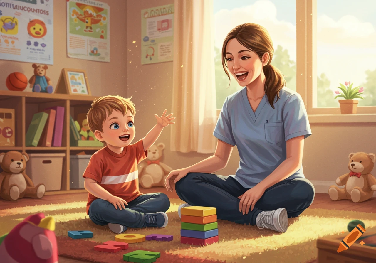 An illustrative image of a smiling boy and an ABA therapist playing with blocks on a rug in a bright, toy-filled room.
