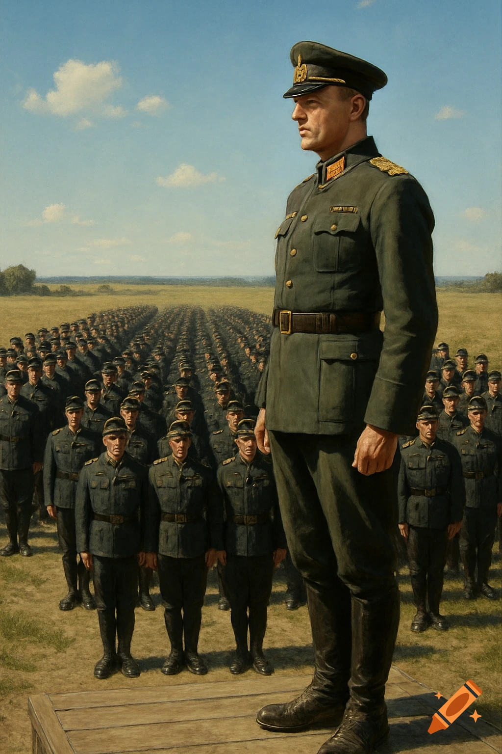 A tall military commander in a dark uniform stands on a platform, overlooking a vast formation of soldiers in dark uniforms under a bright sky.