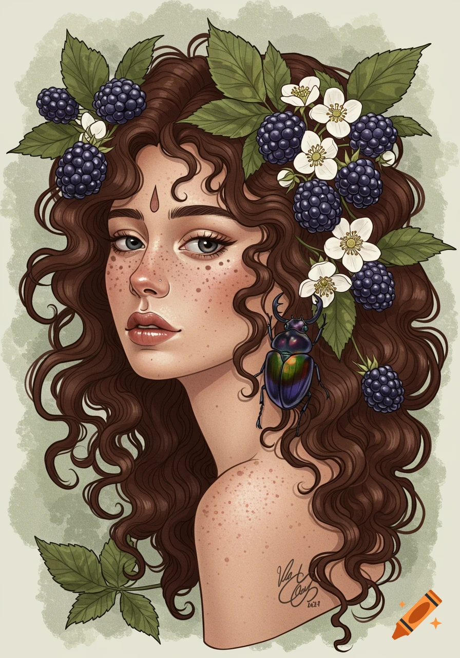 Neo traditional illustration of a woman with curly brown hair adorned with blackberries and flowers, a beetle on her neck, and freckles.