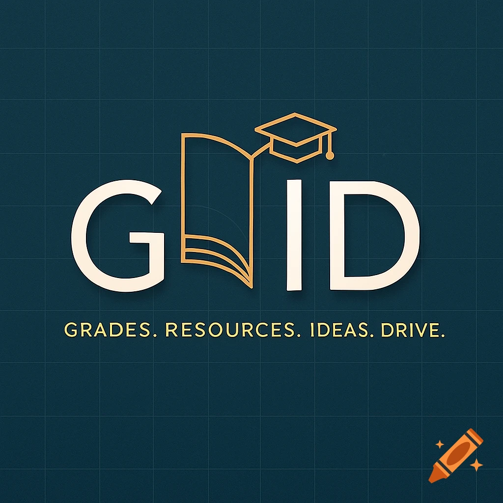Modern logo for 'GRID' with an open book as the 'I' and a graduation cap on the 'D', tagline 'GRADES. RESOURCES. IDEAS. DRIVE.'.