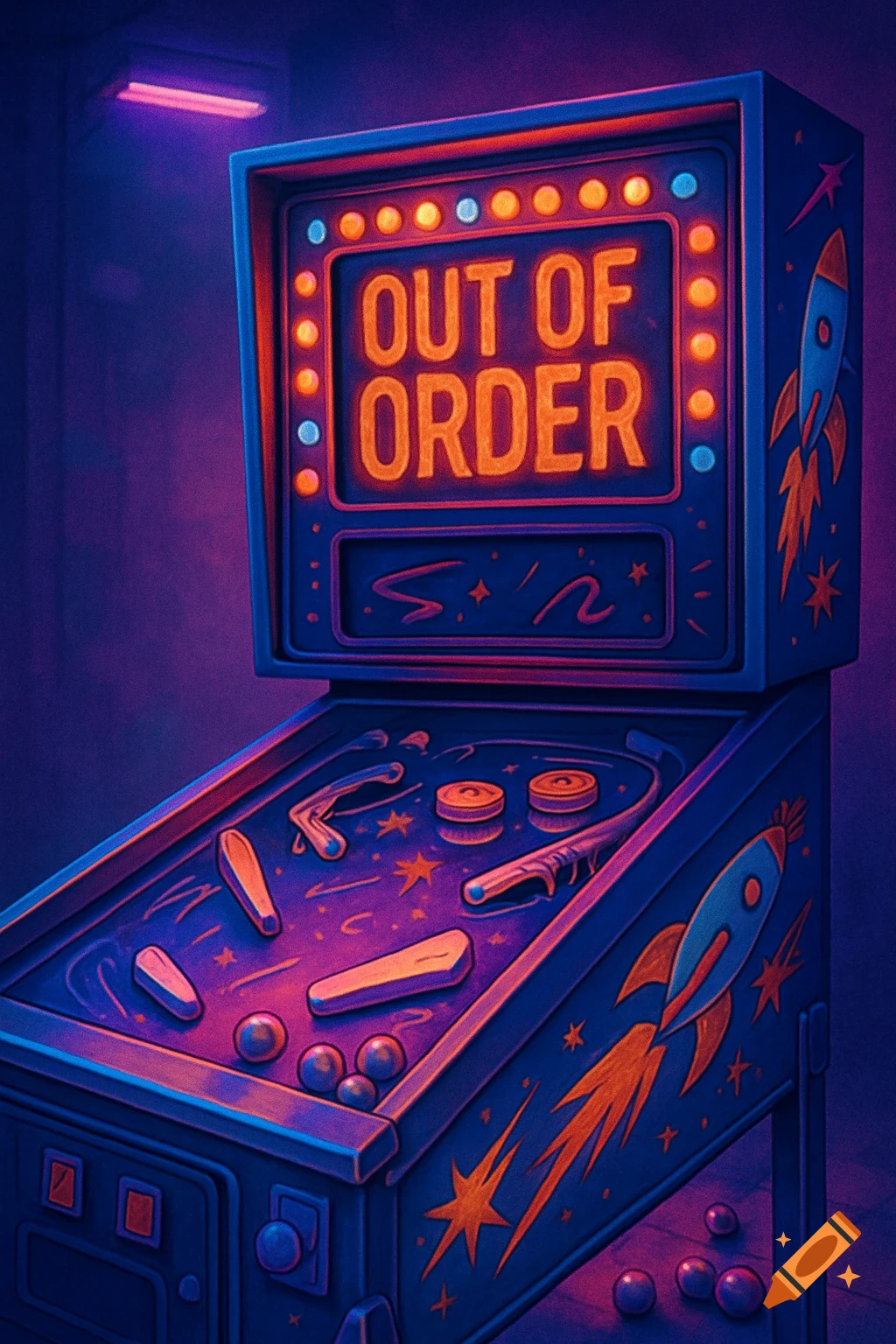 A neon-lit, retro-styled pinball machine displaying 'OUT OF ORDER' on its screen.
