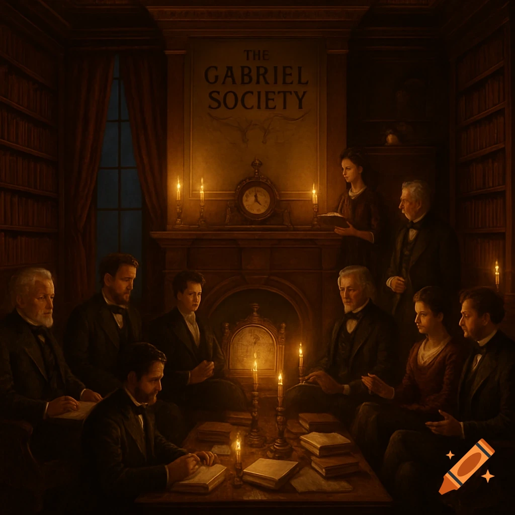 Dimly lit painting of a historical society meeting in a study with members, books, and candles, under a "THE GABRIEL SOCIETY" banner.
