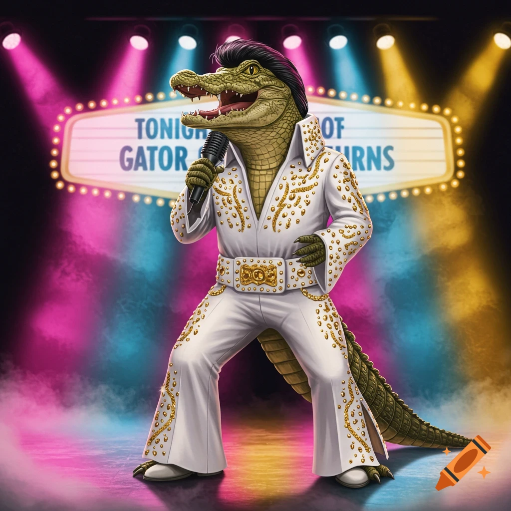 A cartoon alligator dressed as Elvis sings into a microphone on a stage with pink, blue, and yellow spotlights.