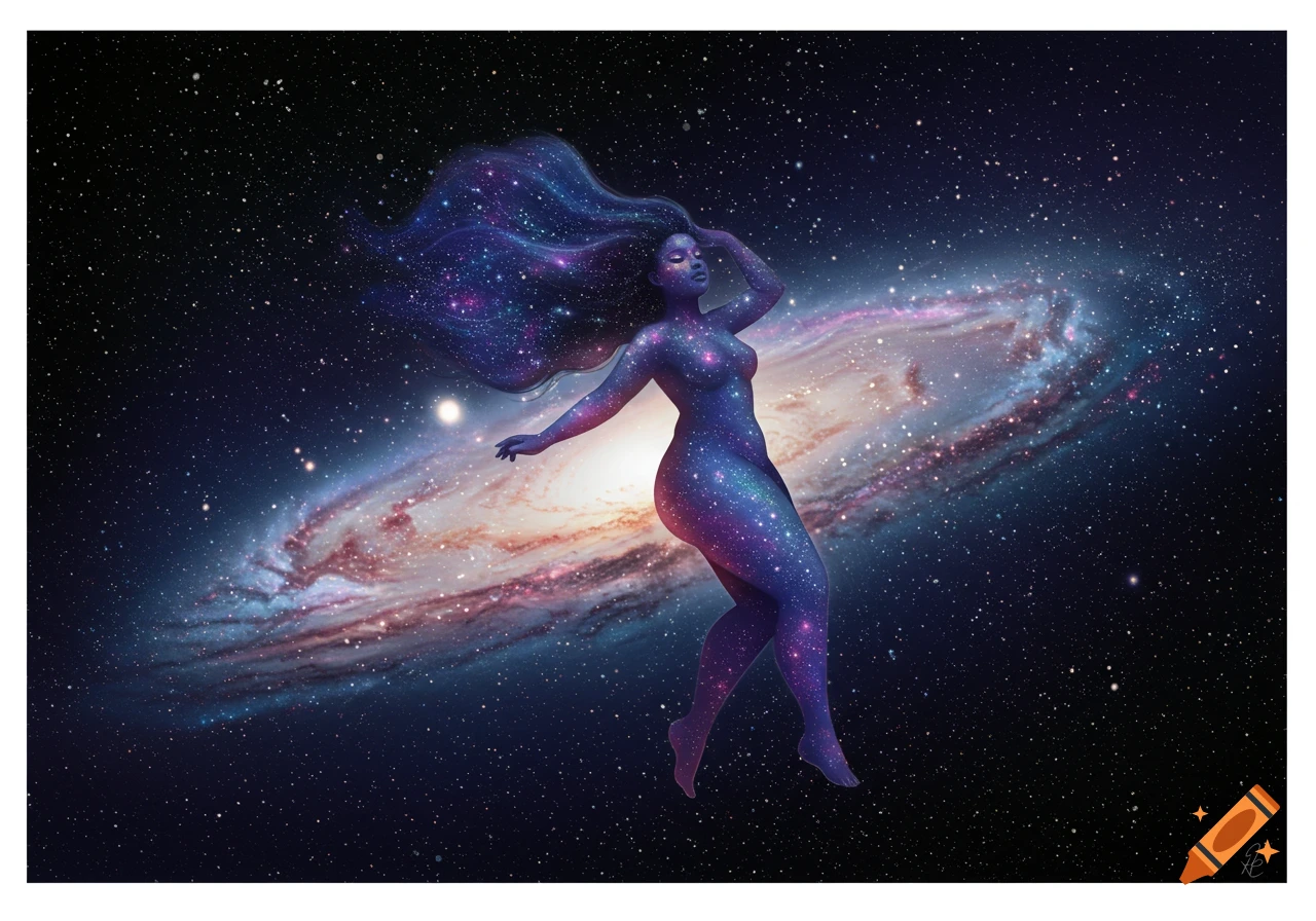 An artistic depiction of a nude woman whose body is made of stars and nebulae, floating in a dark cosmic space with a large spiral galaxy behind her.