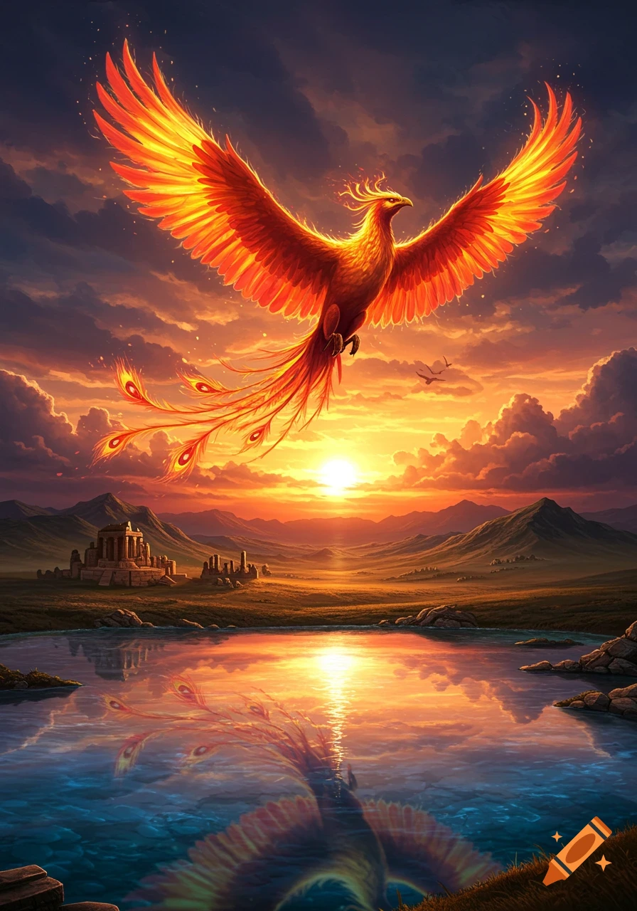 A vibrant fiery phoenix with outstretched wings soars over a reflective lake at sunset, with mountains and ancient ruins in the background.