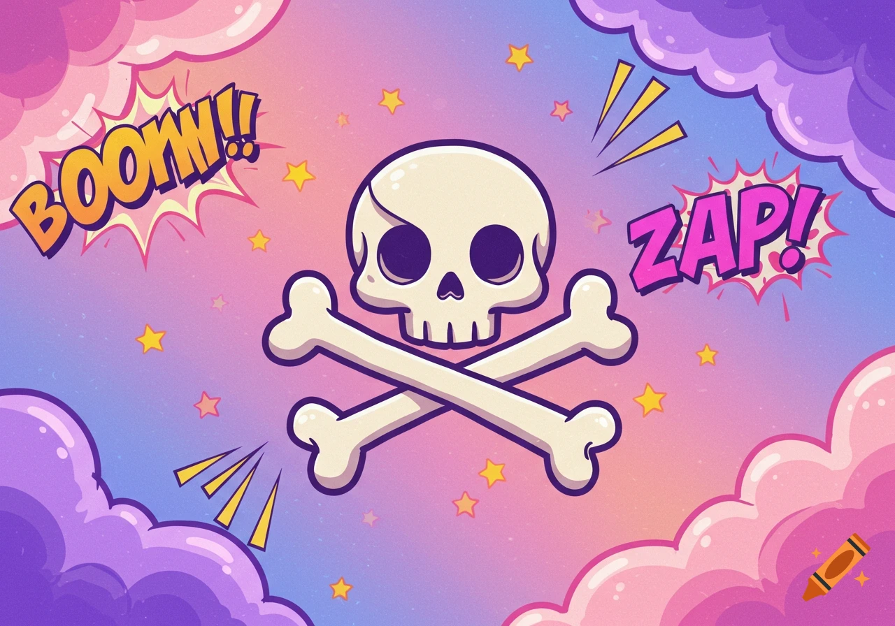 Cartoon skull and crossbones on a pink and purple gradient background with 'BOOM!!' and 'ZAP!' exclamations, stars, and clouds in a comic book style.