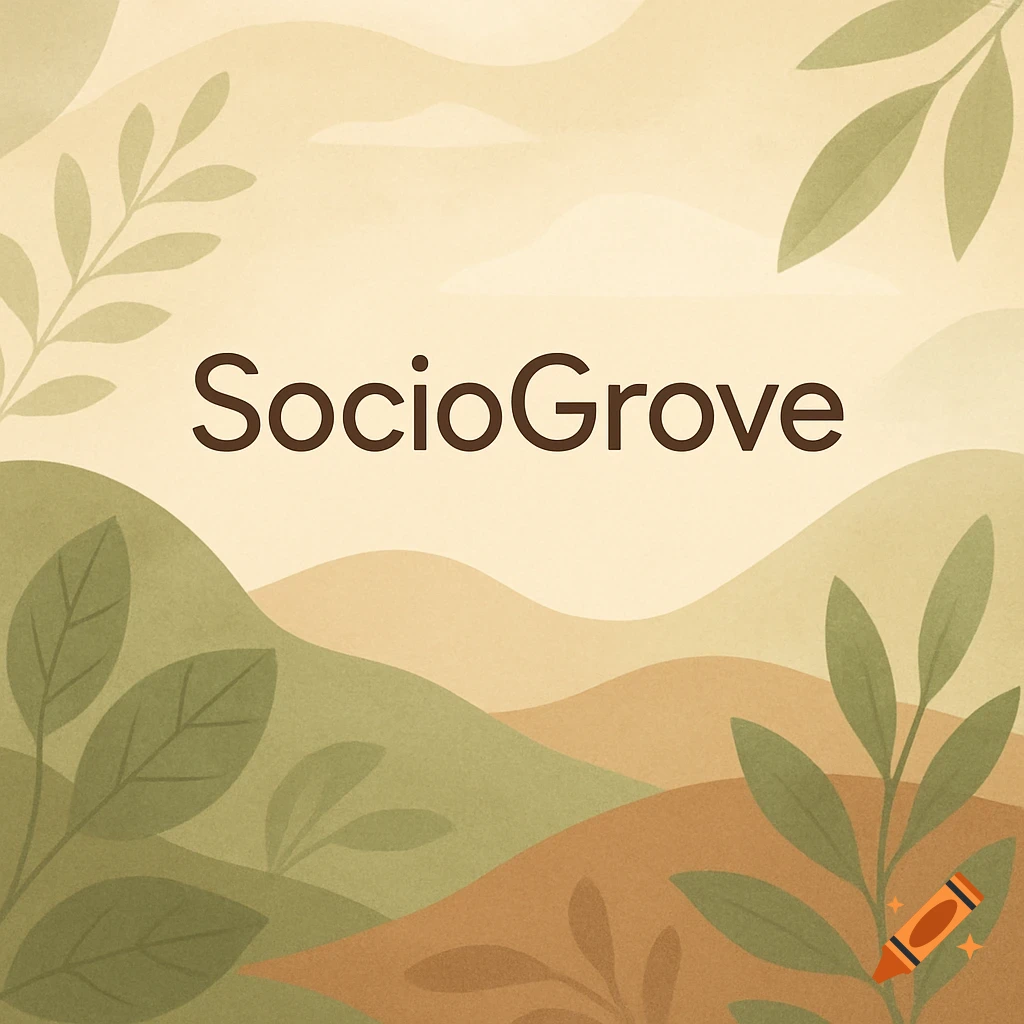 SocioGrove text on a serene background of abstract green and brown hills with leafy patterns.