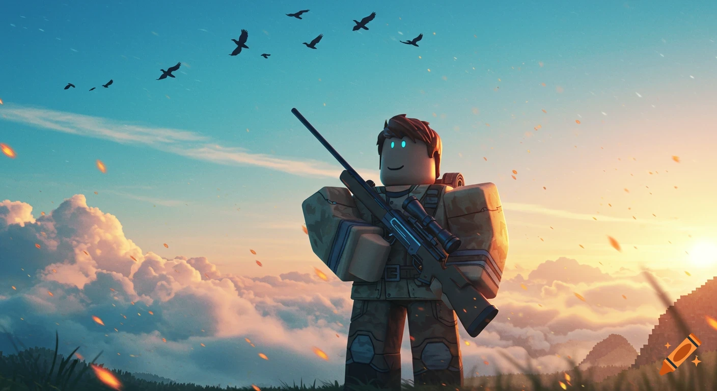 A stylized Roblox character in camouflage holds a sniper rifle, looking up at birds flying across a vibrant sunset sky over mountains.