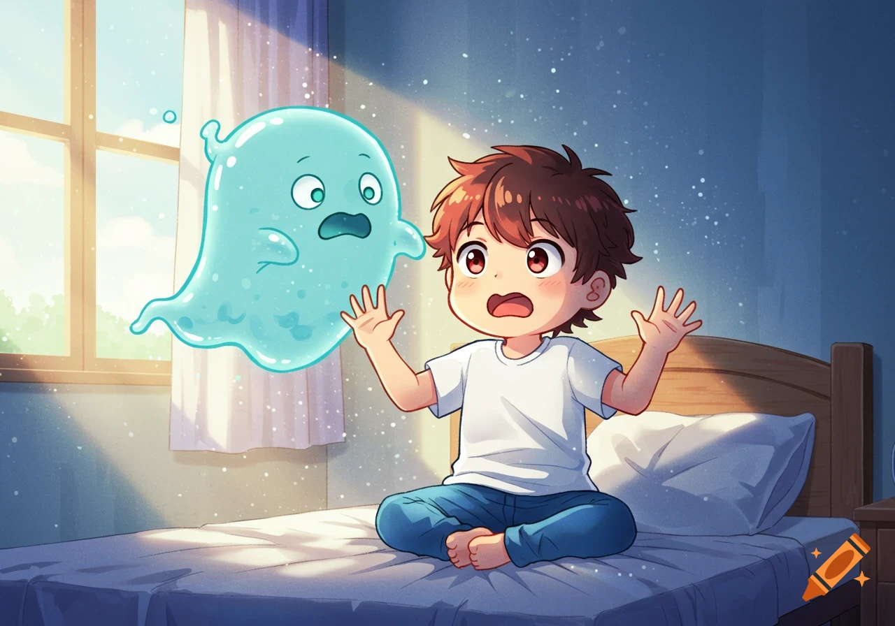 Anime style illustration of a startled boy on a bed, hands up defensively, as a cute blue cartoon ghost floats nearby in a softly lit room.