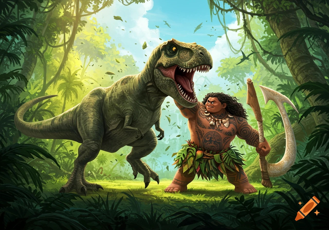 Cartoon illustration of Maui from Moana standing against a roaring Tyrannosaurus Rex in a lush jungle, holding his fishhook.