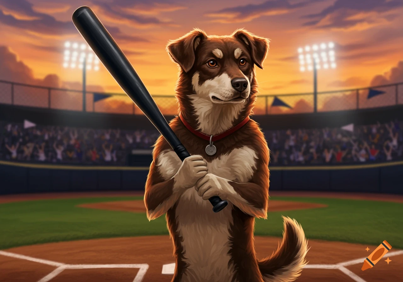 A brown and white dog stands on a baseball field holding a bat, with a stadium and sunset sky in the background.
