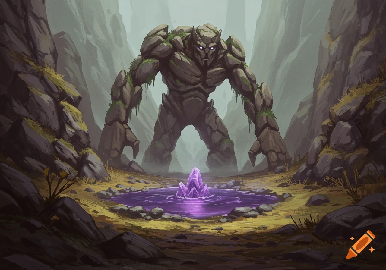 A massive, menacing earth elemental with glowing purple eyes stands over a pool of glowing purple liquid and a large crystal in a rocky valley.