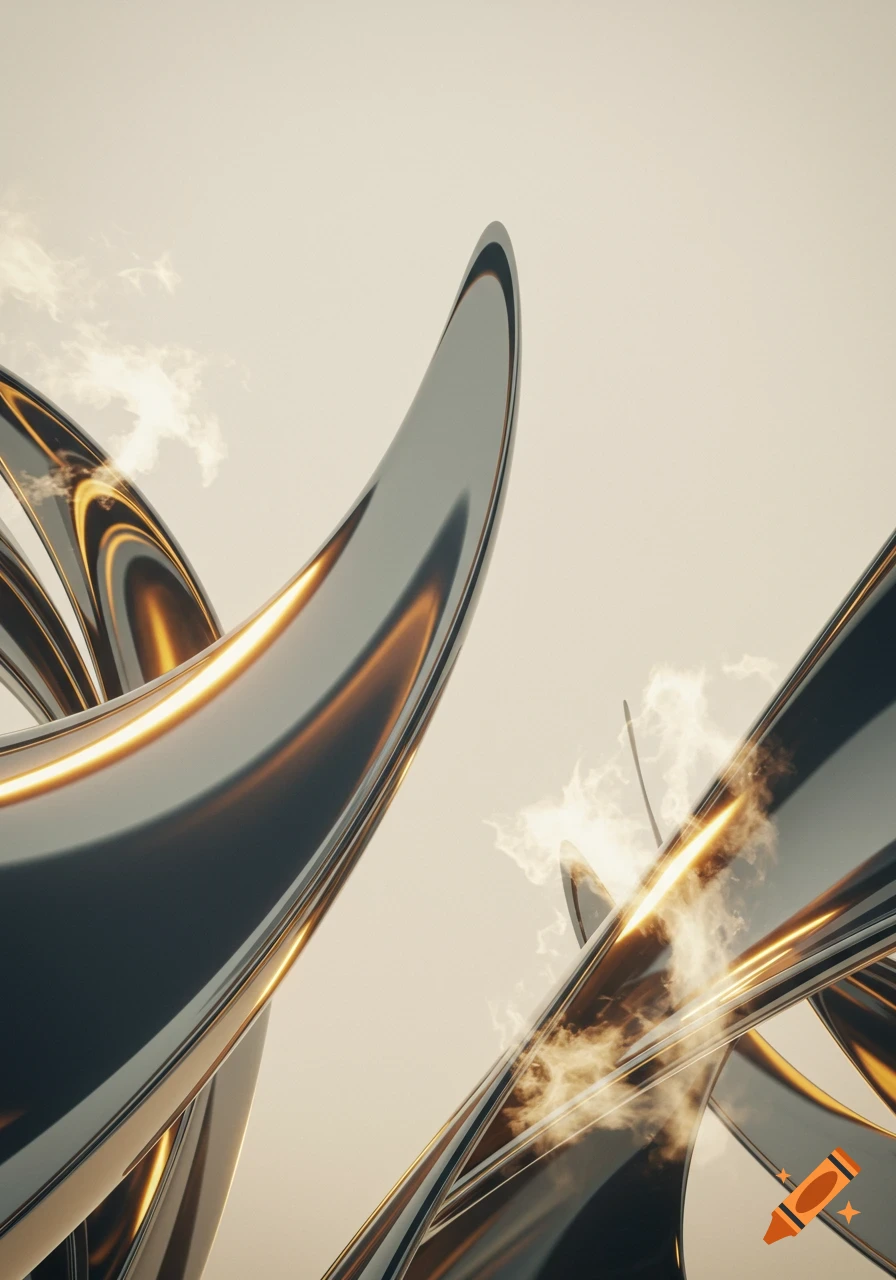 Swirling dark chrome and gold metallic abstract forms against a light background.