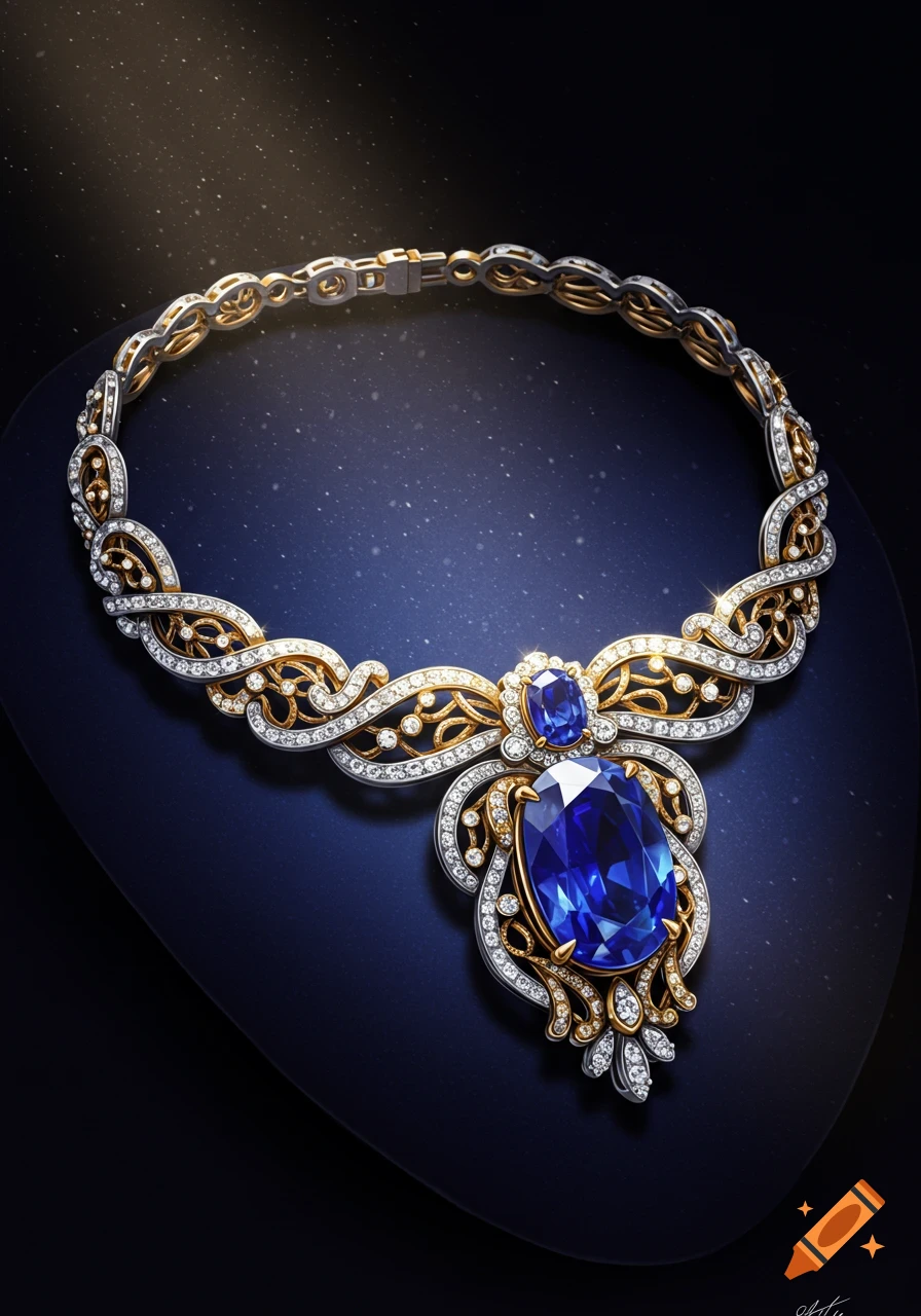 A luxurious necklace with a large blue sapphire, smaller sapphire, and intricate gold and silver filigree with diamonds, displayed on a dark blue surface.