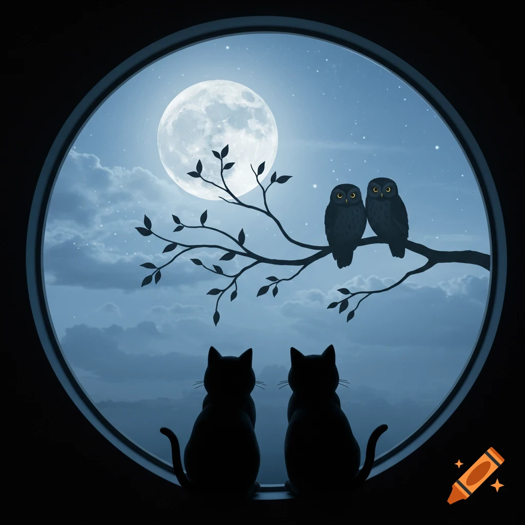 Silhouettes of two cats looking out a circular window at two owls perched on a branch under a full moon in a starry night sky.