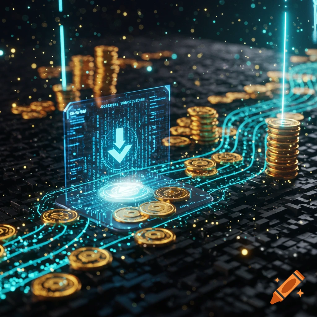 A futuristic digital landscape with glowing blue data streams, stacked gold coins, and a holographic screen displaying a download arrow and gibberish text.