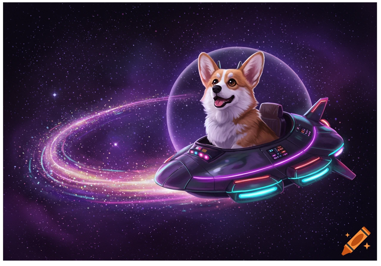 A cute corgi dog in a futuristic spaceship floats through a vibrant purple galaxy with swirling nebulae and stars.