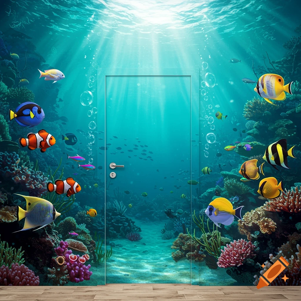Vibrant photorealistic underwater scene with colorful fish and corals surrounding a mysterious door, illuminated by sunbeams.