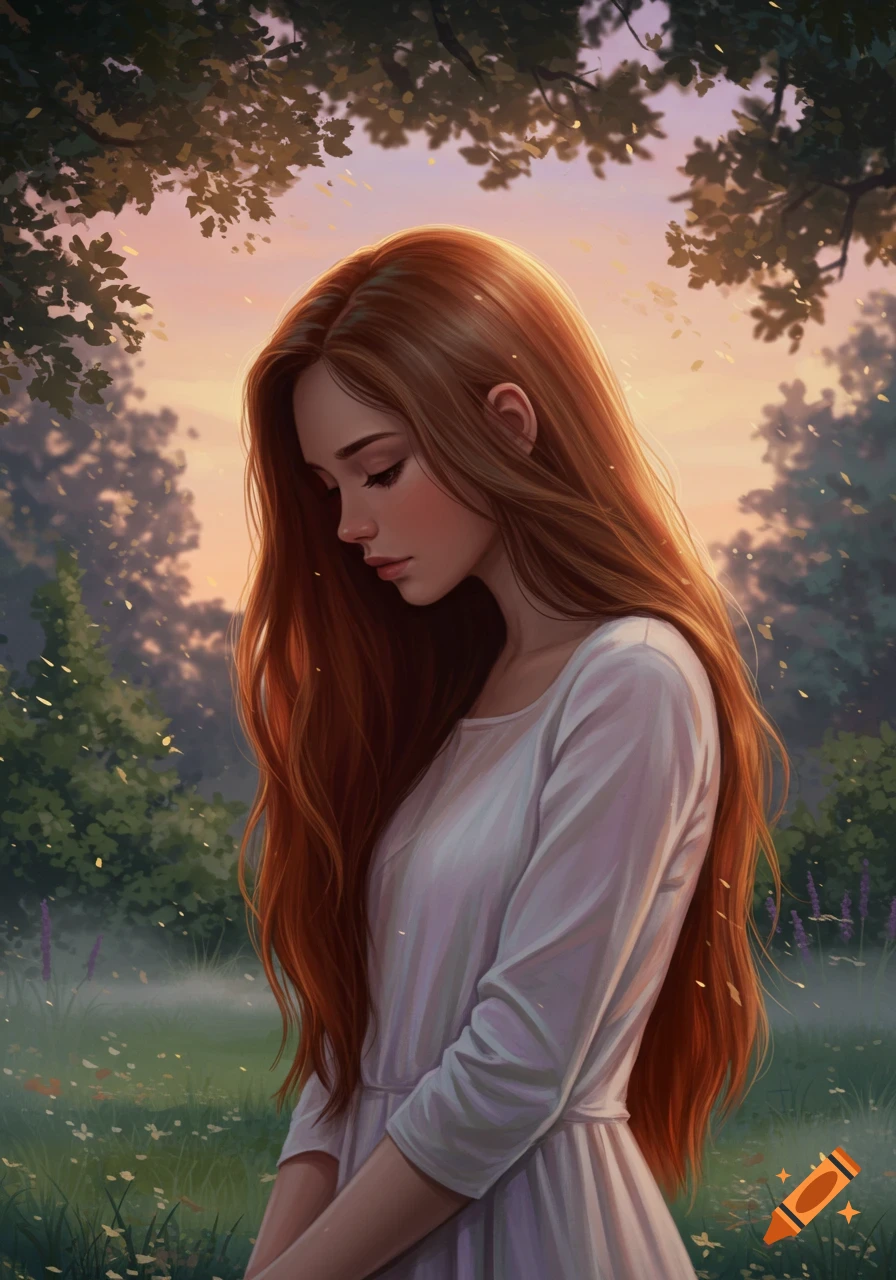 A young woman with long red-brown hair and a white dress stands in a dreamy forest at sunset, looking down. Digital art.