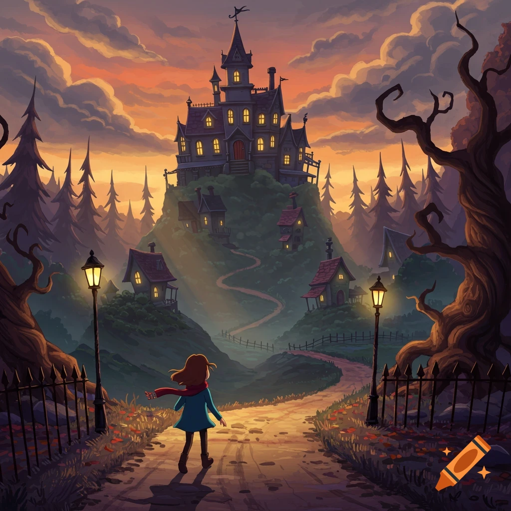 A cartoon girl in a blue coat and red scarf walks on a dirt path towards a large, spooky mansion on a hill at sunset, surrounded by pine trees and smaller houses.
