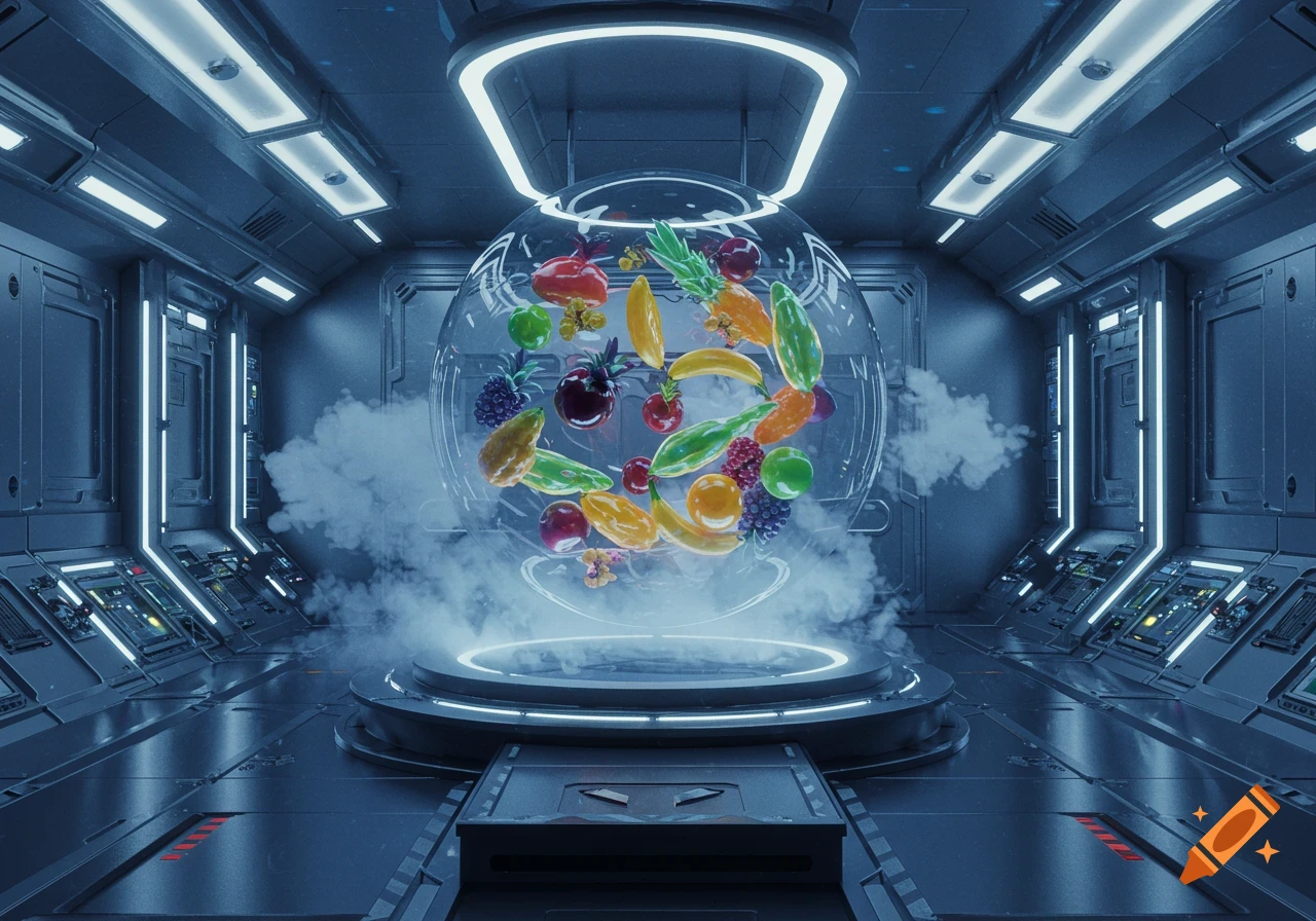 Vibrant fruits and vegetables float inside a clear sphere in a futuristic, neon-lit sci-fi room with control panels.