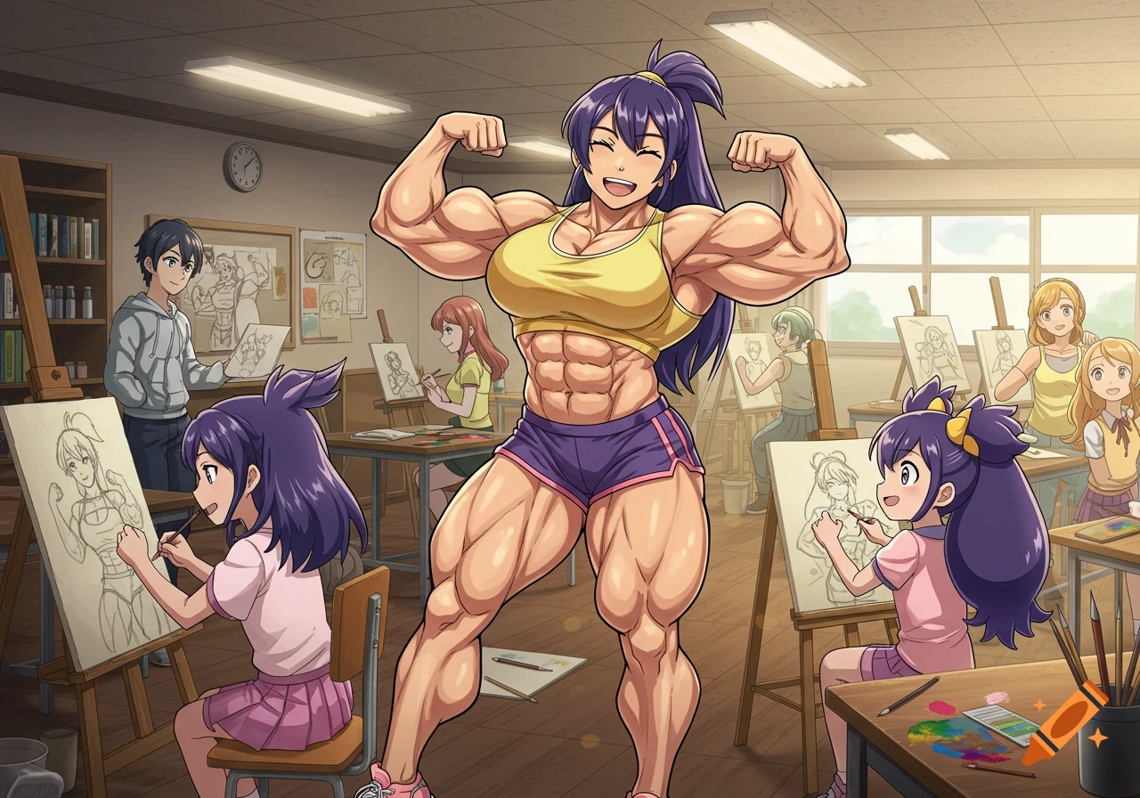 An extremely muscular anime woman in a yellow top and purple shorts flexes her biceps as students draw her in an art class.