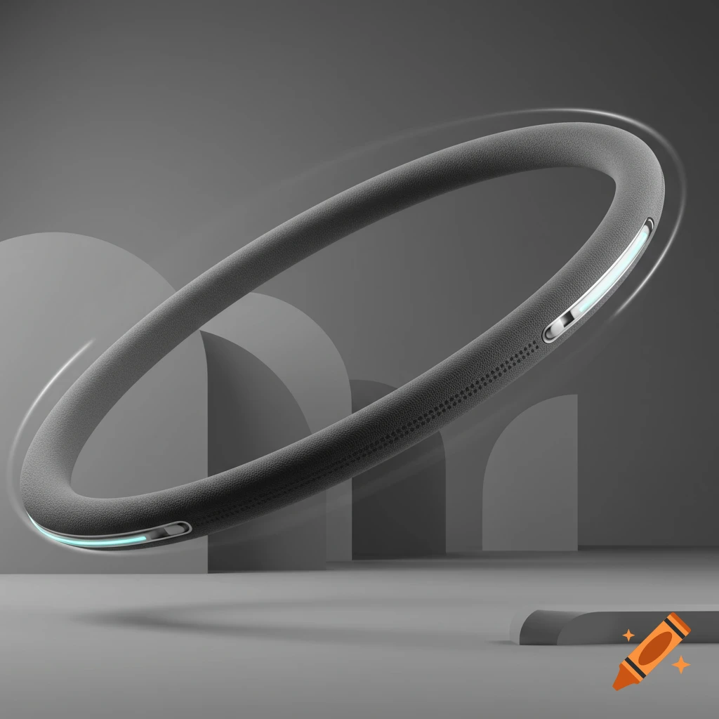 A sleek, gray, oval-shaped futuristic device with glowing light accents, suspended against a minimalist gray background.
