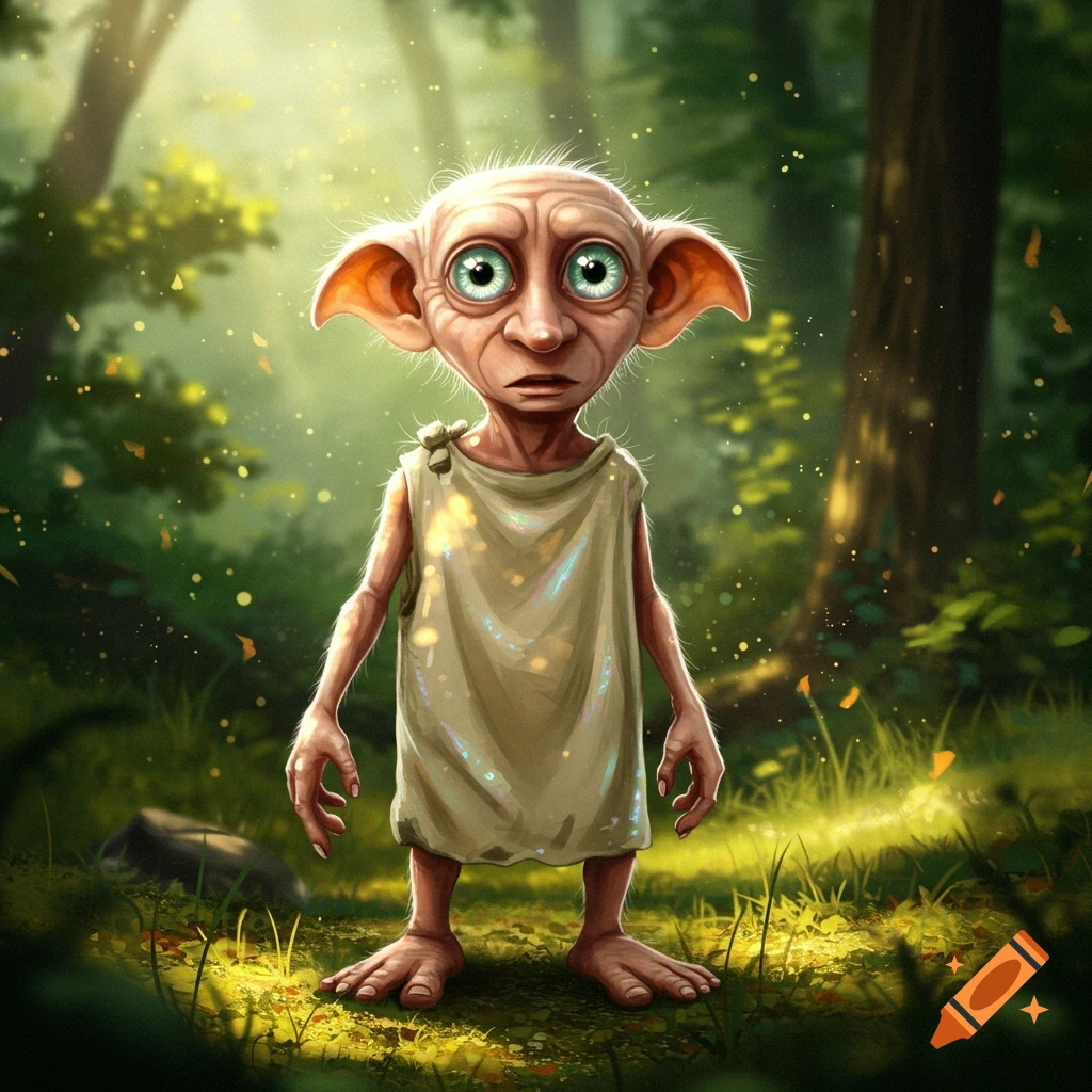 A creature resembling Dobby with large green eyes and ears, wearing a cloth, standing in a sunlit forest, in a digital art style.