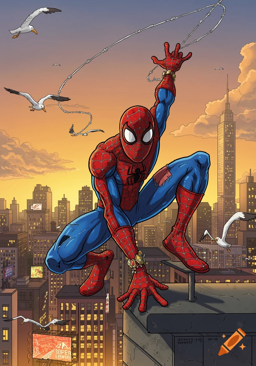 Comic art of Spider-Man on a skyscraper rooftop at sunset, with a city skyline and birds.