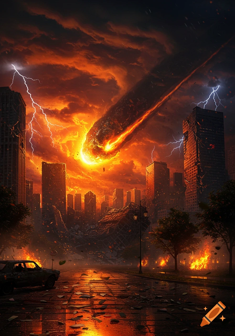 A massive fiery meteor streaks through a stormy, orange-red sky, crashing into a dark, burning city with lightning strikes.