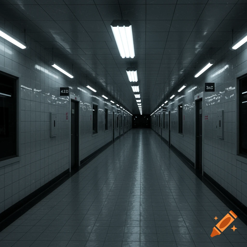 A long, dark, empty hallway with tiled walls and floor, lit by fluorescent lights on the ceiling, receding into the distance.