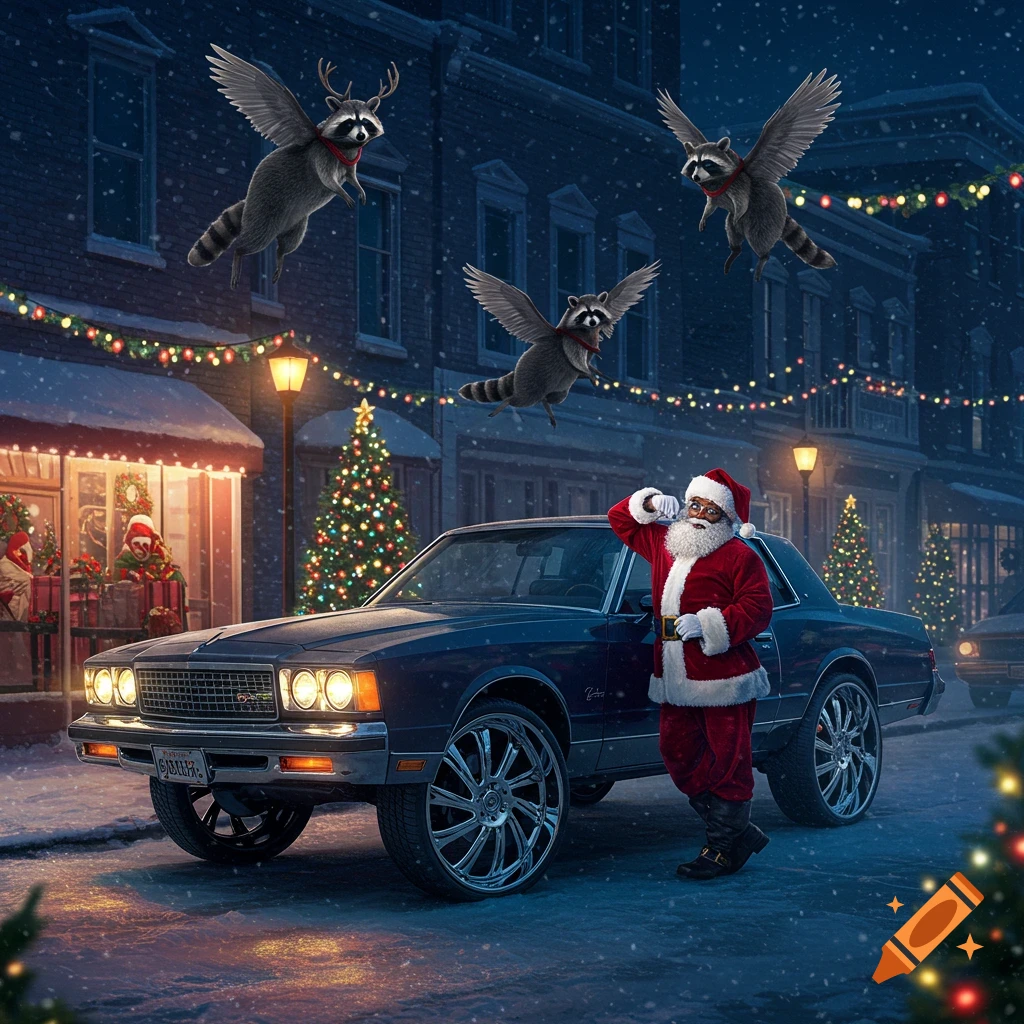 A Black Santa Claus poses next to a classic dark blue car on large chrome wheels in a snowy, decorated town street at night, while three winged raccoons fly in the background.