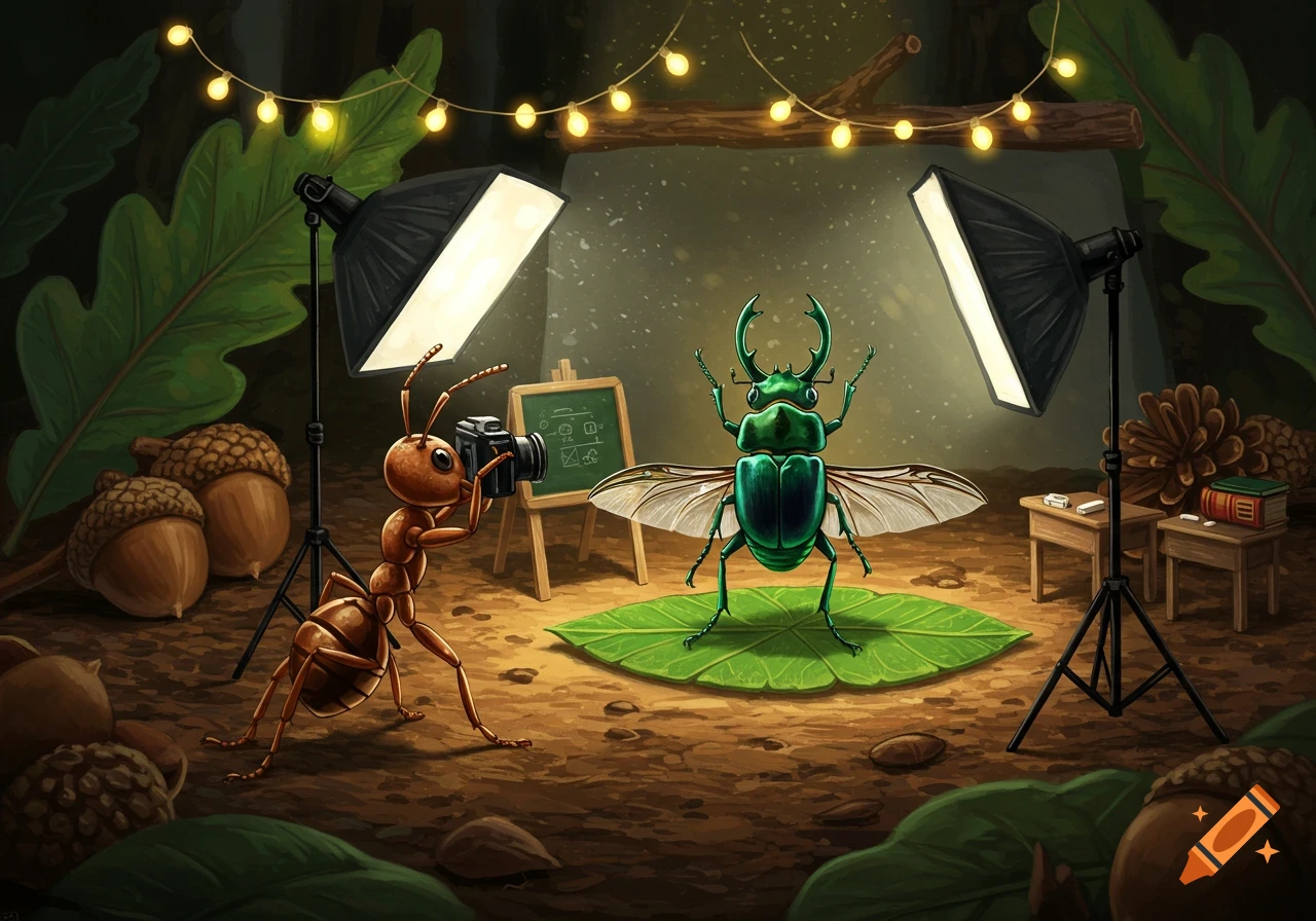 An ant photographs a green beetle in a forest studio setup with lights, string lights, and acorns, in a cartoon style.