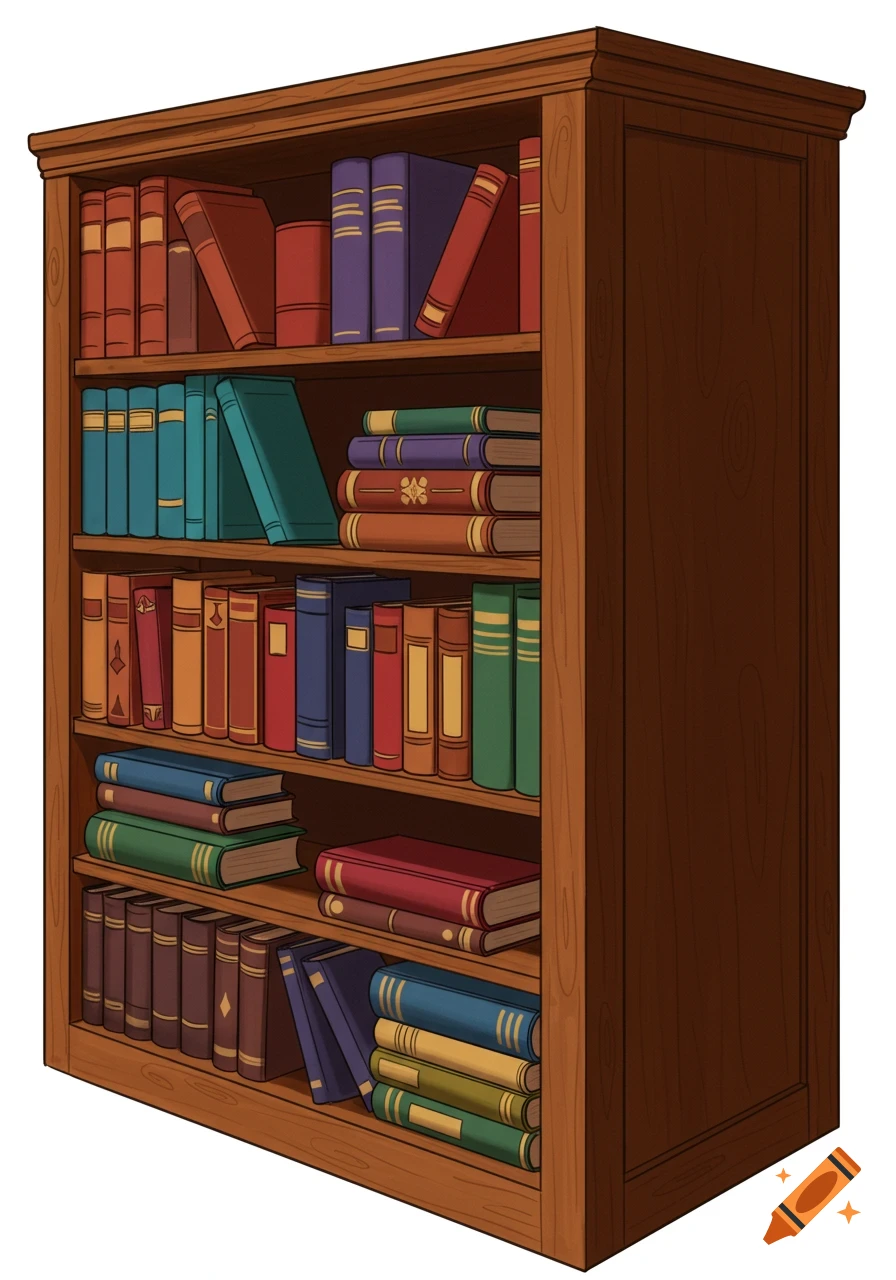 A wooden bookshelf filled with colorful books, rendered in a clipart style with a transparent background.