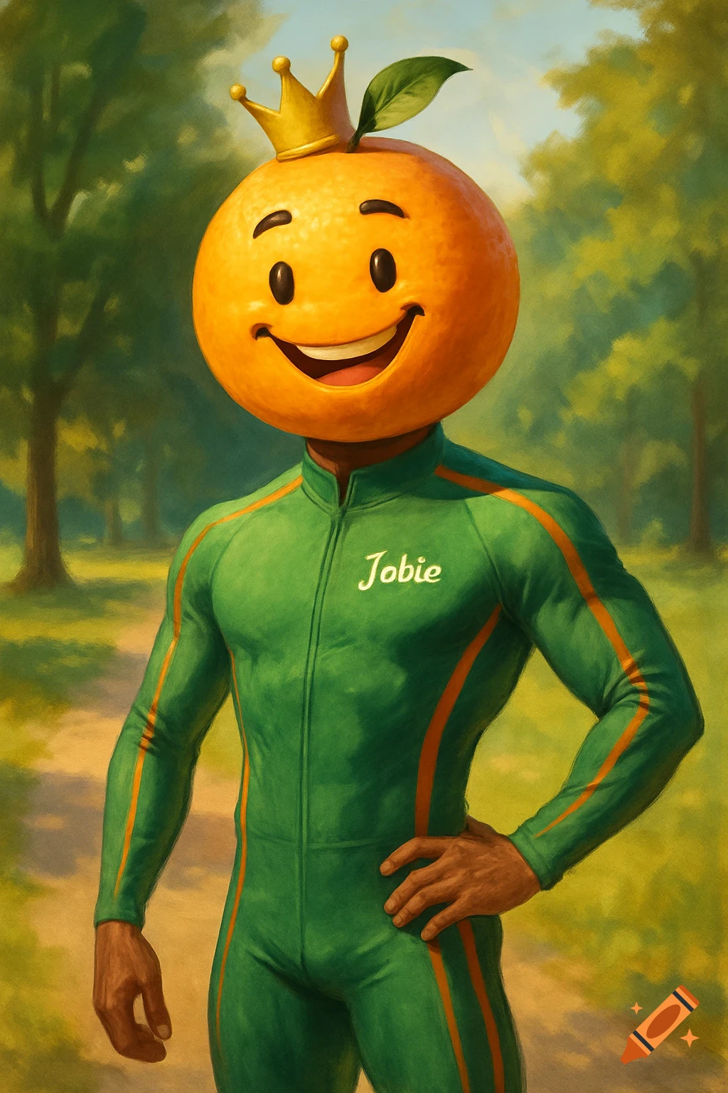 An athletic man with a smiling orange for a head, wearing a green running jumpsuit with "Jobie" on the chest and a small crown, stands in a park.