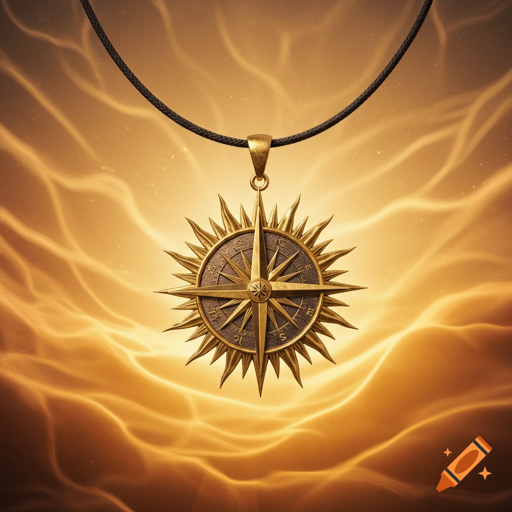A golden compass-like medallion with a sun pattern hanging from a black cord necklace against a radiant golden, ethereal background.