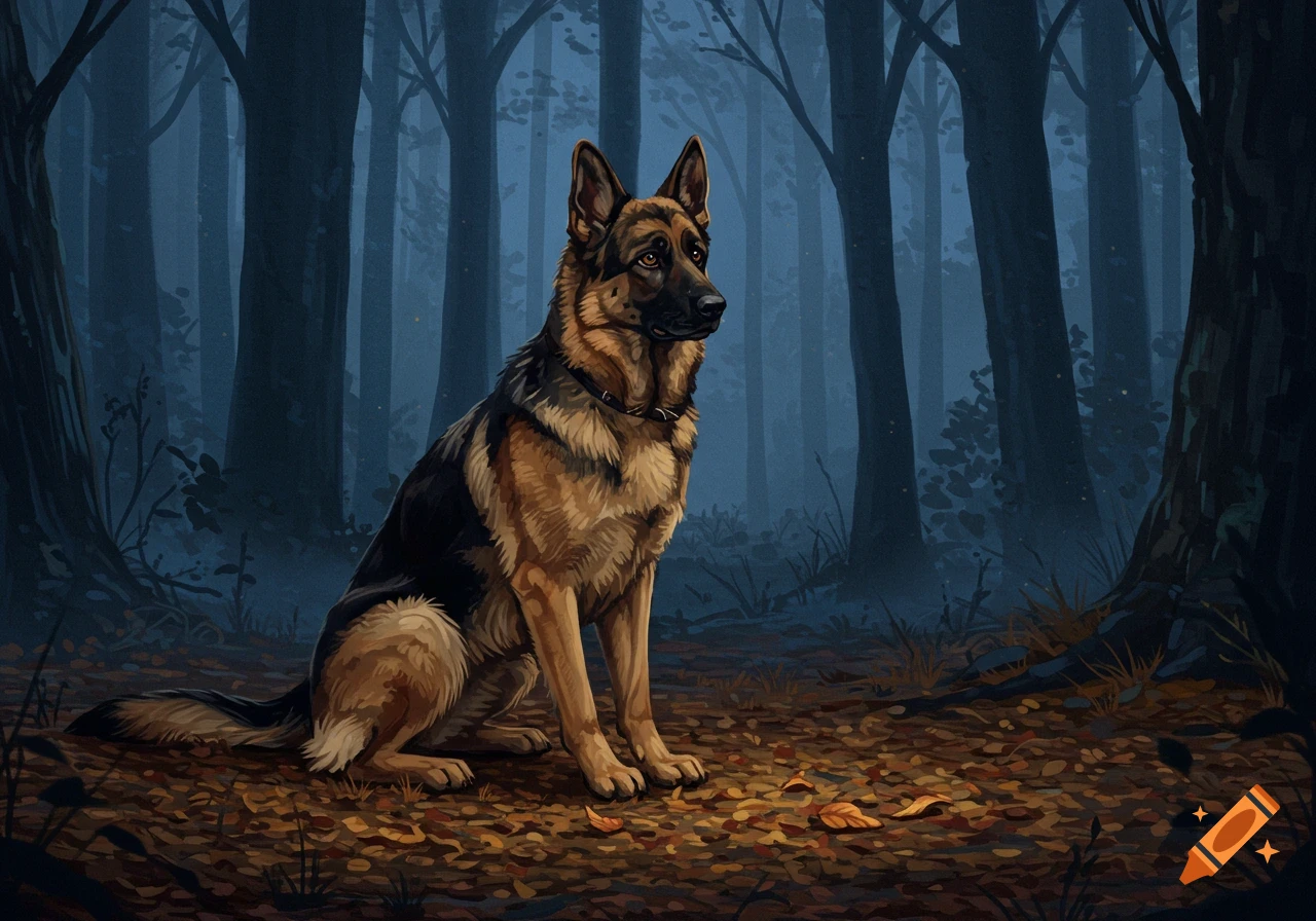 A German Shepherd dog sits amidst fallen autumn leaves in a dark, mysterious forest, digital art.