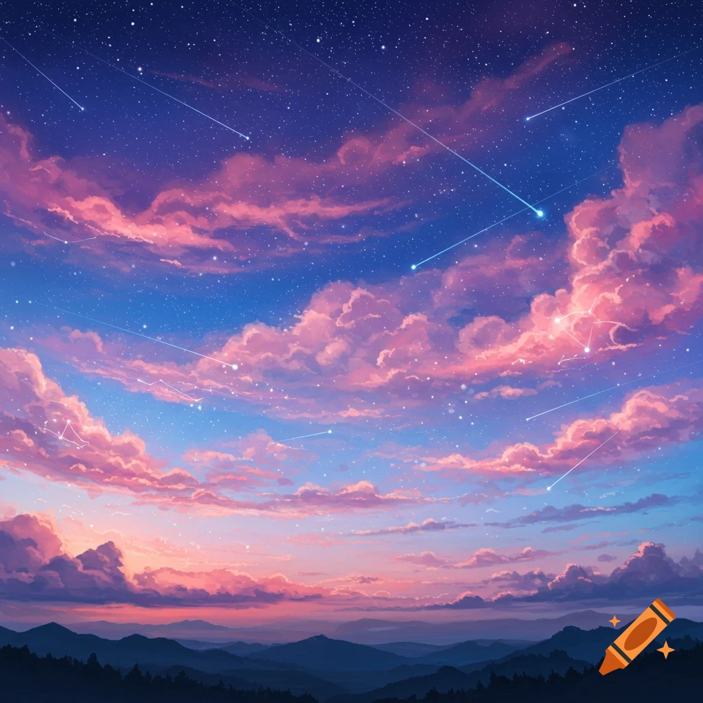 A vibrant anime-style landscape featuring a starry night sky with pink and purple clouds over dark mountains.