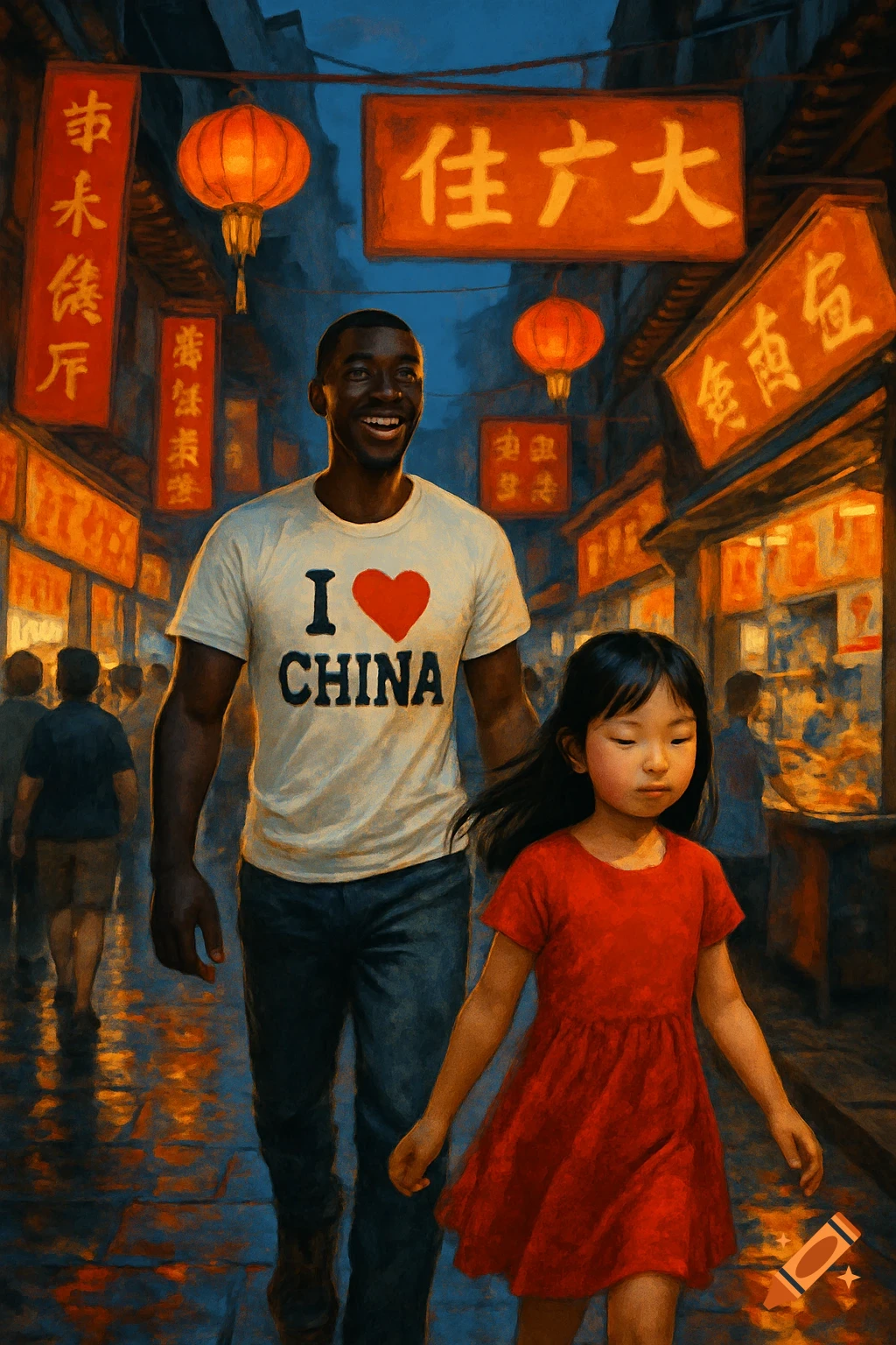 A smiling Black man in an "I love China" shirt walks hand-in-hand with a young Chinese girl in a red dress down a bustling, lantern-lit street at dusk, in a painterly style.