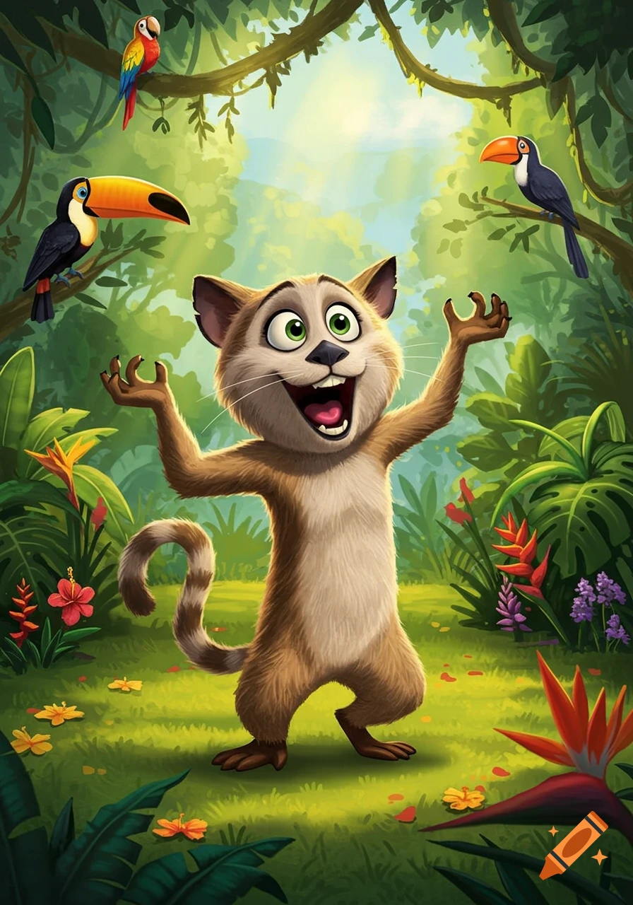 Cartoon character Mort, a lemur, dancing with arms raised in a vibrant jungle with birds and flowers.