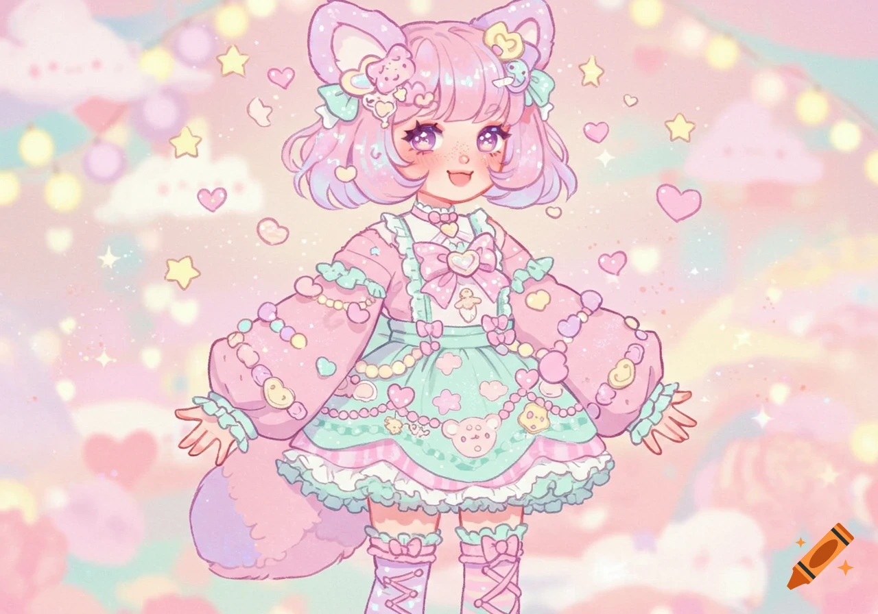A cute pastel pink and mint green kawaii anime character with furry ears, adorned with hearts and candies.