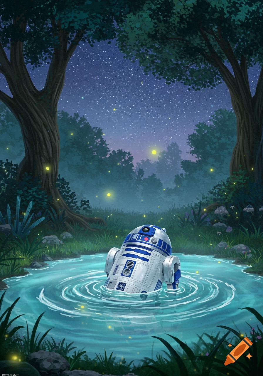 Illustrated R2-D2 half-submerged in a forest pond under a starry night sky with glowing fireflies.