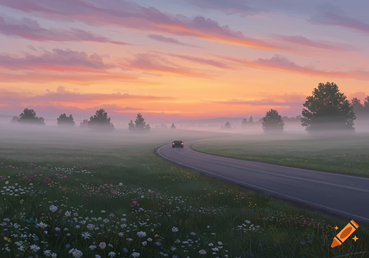 A car drives along a winding road through a misty, grassy field at sunrise, with colorful clouds in the sky.
