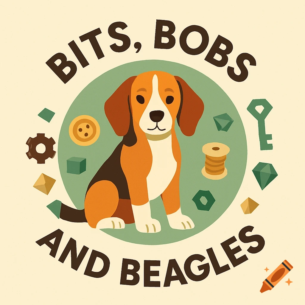 A flat illustration of a beagle dog with text 'BITS, BOBS AND BEAGLES' and various small objects on a green circle.